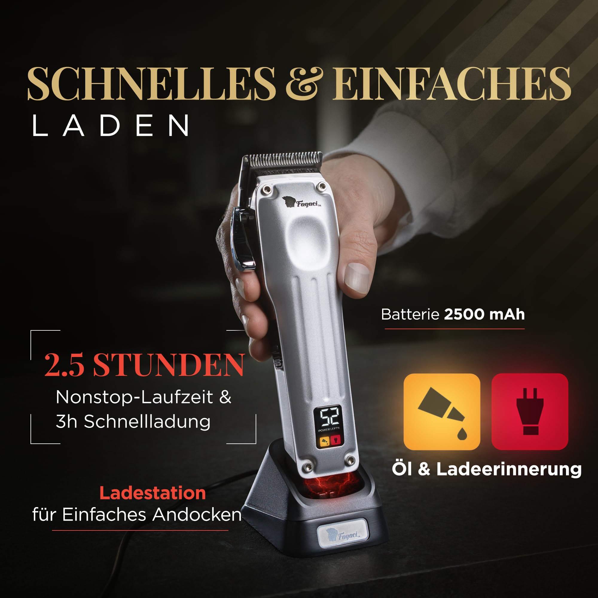 Fagaci Haarschneidemaschine Profi Herren, 2 Klingen Fade und Taper | Fade- und Taper-Klingen, Wechsel per Klick, Keramik oder DLC, kühler Betrieb, 3x Motorlebensdauer, 5x Klingenschärfe