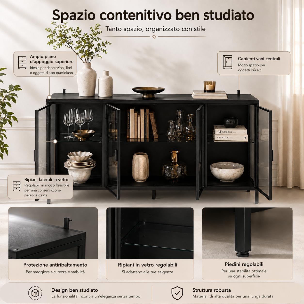 Vetrina nera 40 x 140 x 75 cm con telaio in ferro, 2 ante in vetro, armadio in vetro con strisce luminose a 3 colori, moderna vetrina in vetro per soggiorno