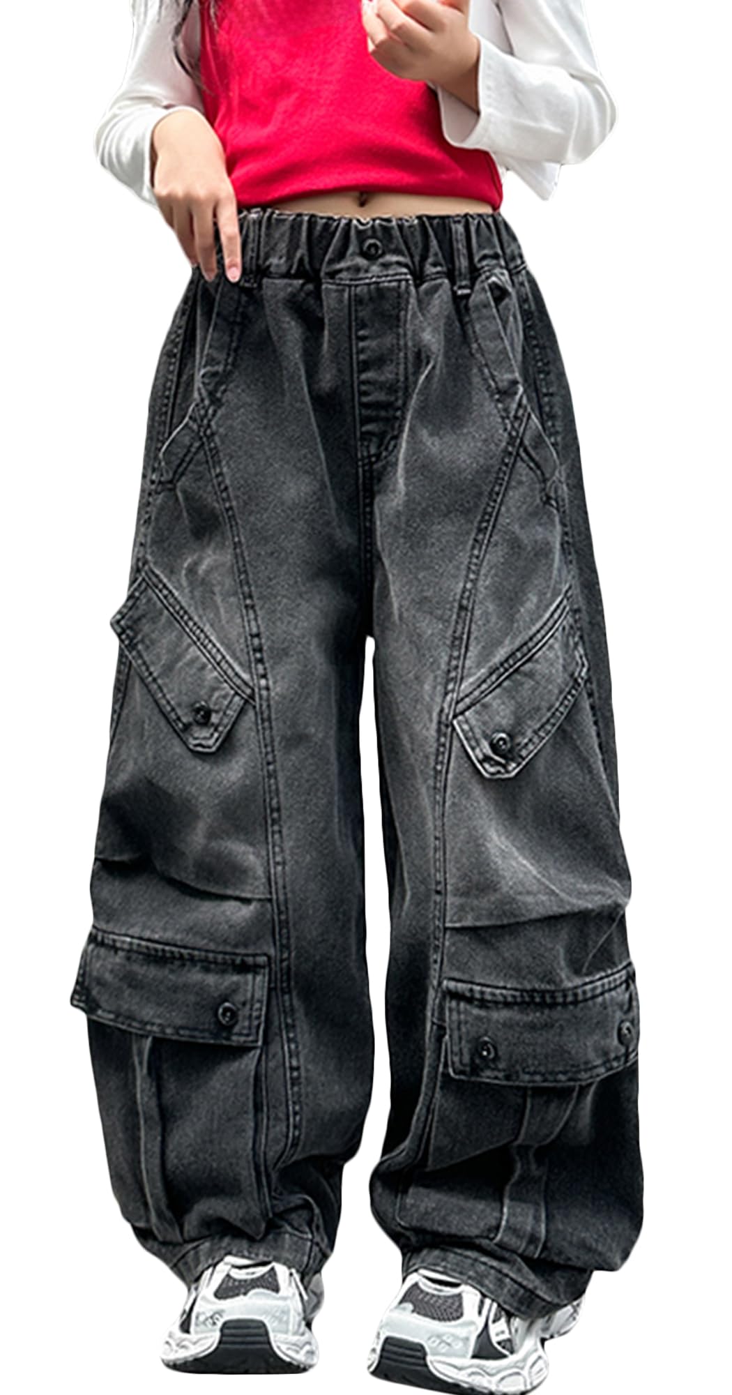 SEAUR Jeans Cargo Baggy per Ragazze Vita Elastica Y2K Hip-Hop Pantaloni Cargo Multi-Tasca Streetwear Bambine e Adolescenti 5-14 Anni