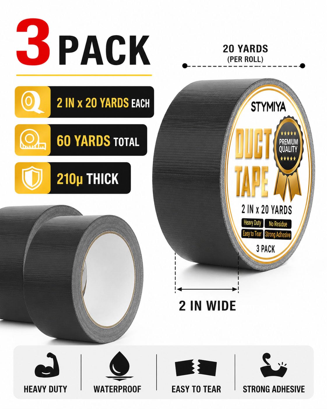 Black Duct Tape Heavy Duty: Wide Waterproof Outdoor Furniture Repair Tape Bulk - Strong Adhesive Weather UV Resistant No-Residue Masking Tapes Patterns Variety Pack (3, Black)