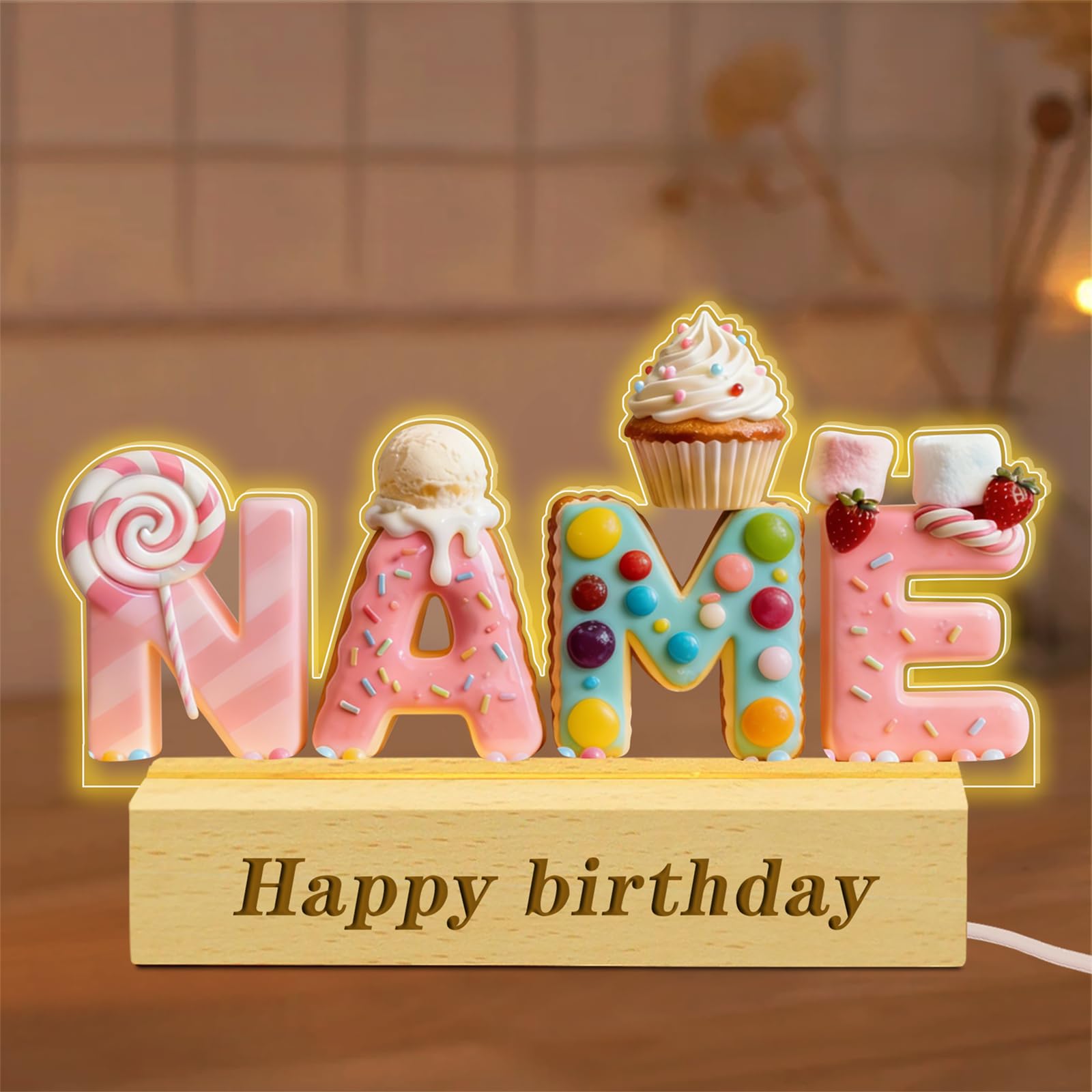 Wasetell Personalized Name Letter LED Night Light Custom 2D Printing Candy and Cake Desktop Acrylic Frame Light Sign Birthday Christmas Anniversary Decor Gifts to Family Friend