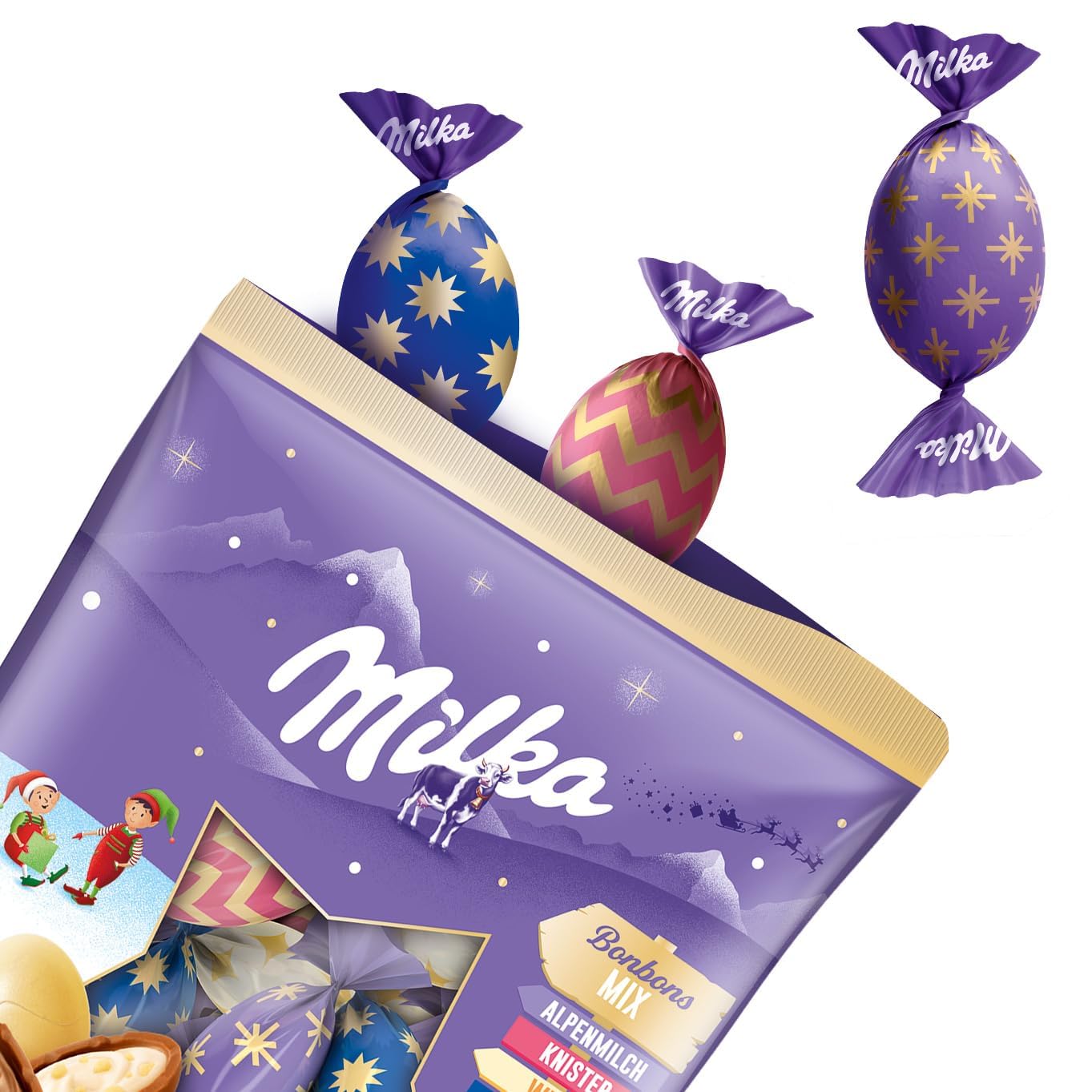 Milka Schoko Bonbons Mix mit OREO, Daim, Knister & Alpenmilch, 132 g | Festlich einzeln verpackt und ideal zum Teilen und Verschenken in der Weihnachts- und Adventszeit