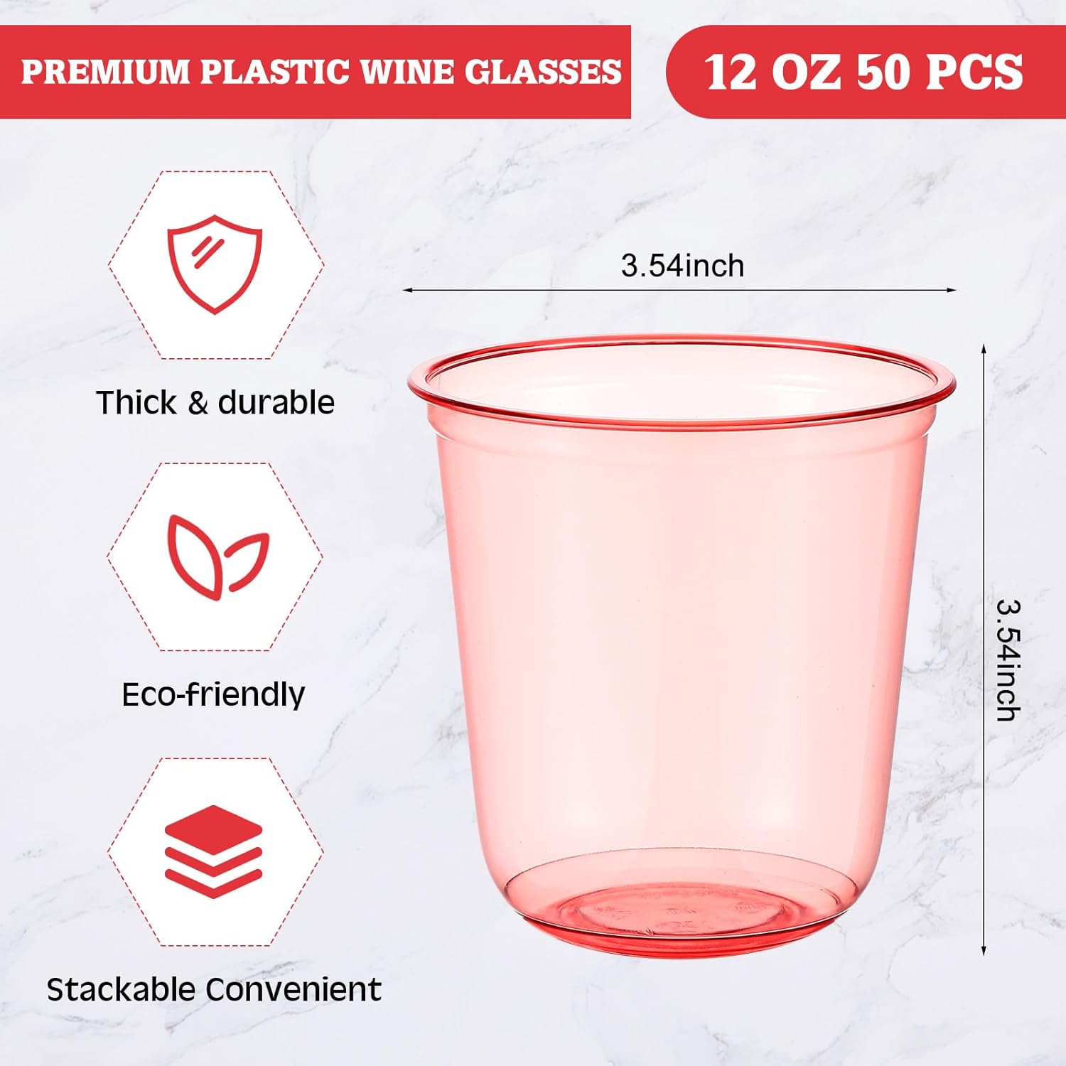 50pcs Disposable Stemless Glasses 12oz Crystal Plastic Wine Glasses Clear Classic Pet Cup for Meeting Weddings Birthdays Cocktail Christmas Party Supplies (Red) - Image 2