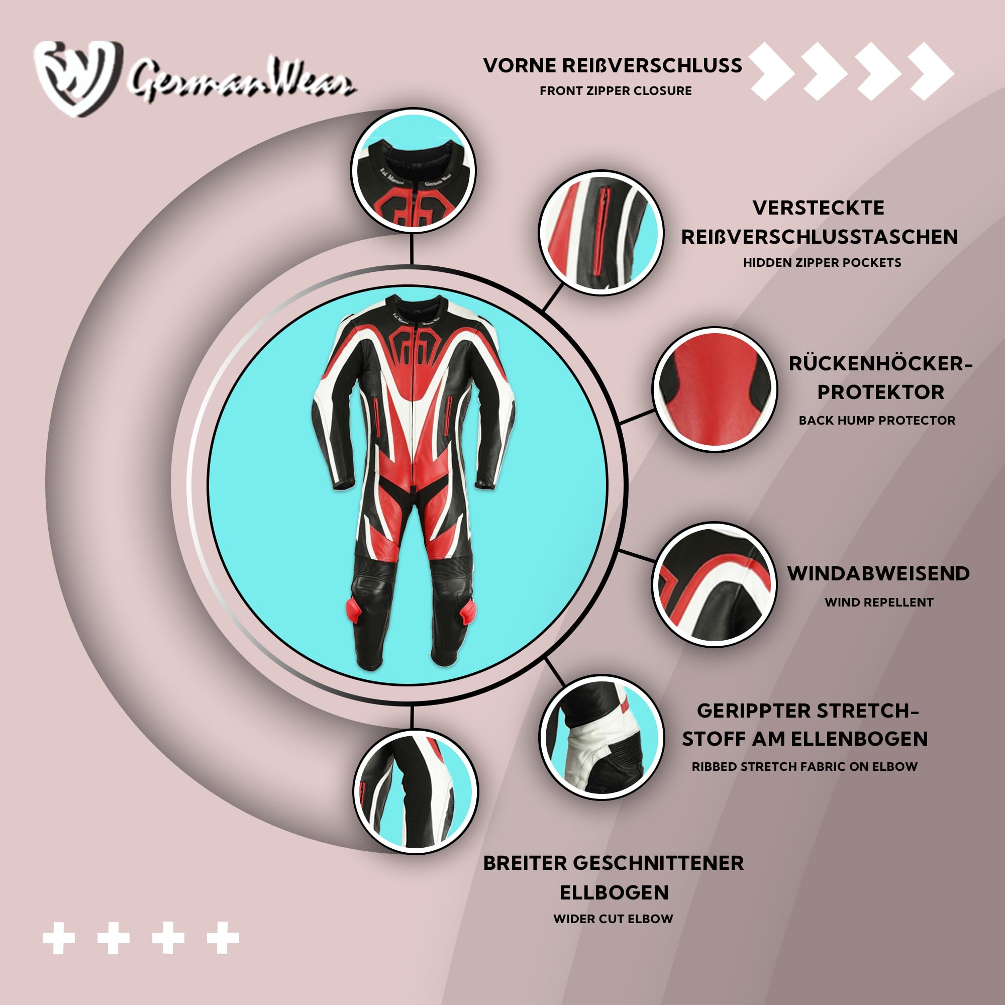 German Wear Einteiler Motorradkombi Motorrad Lederkombi aus Rindsleder echtleder Kombi, Größe:50/M, Farbe:Rot
