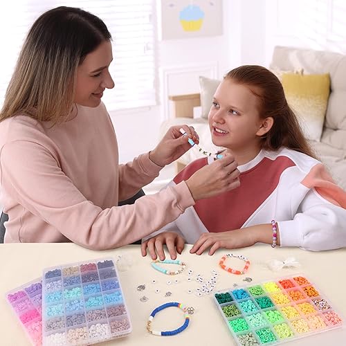 Miniatura 4 de QUEFE Kit de fabricación de pulseras de 9000 cuentas de arcilla, 72 colores, cuentas de pulsera de amistad, cuentas heishi de polímero con dijes