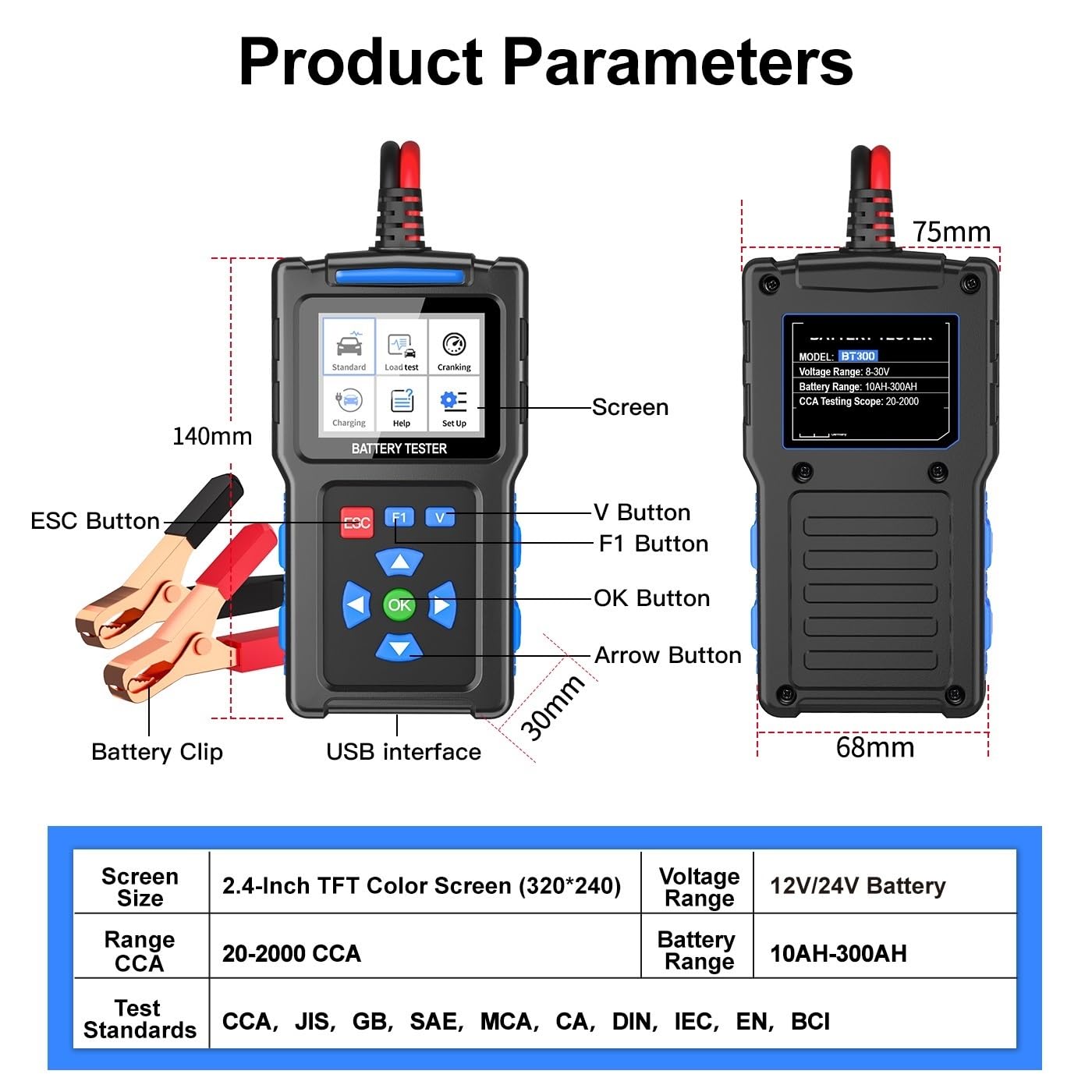 Tester di carico per batterie, BT300 12V 24V Tester for batteria auto e moto Strumento di prova for caricabatterie for veicoli Analizzatore carico for avvio automatico da 20 a 2000 CCA