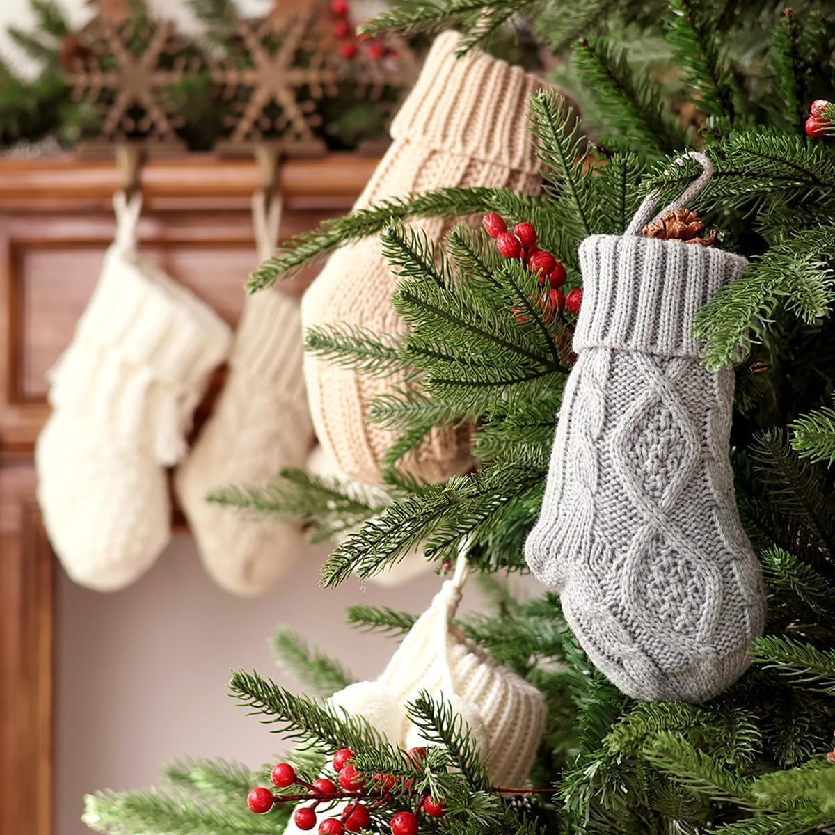 Rustic Mini Knitted Christmas Stockings: 6 Pack 9 Inch Cable Knit Fireplace Stockings, Farmhouse Boho Style Cozy Hanging Xmas Stockings Decorations for Family Holiday Décor, White, Gray & Beige