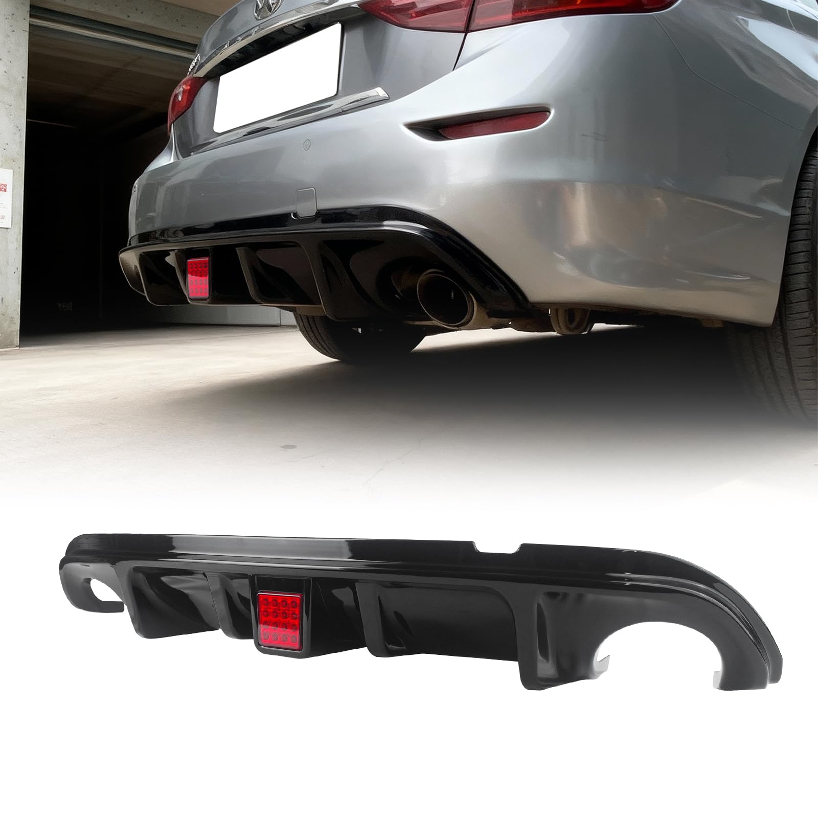Rear Diffuser W/LED Brake Light Compatible with Infiniti Q50 2014 2015 2016 2017,Rear Bumper Lower Lip Splitter Exterior Accessories (Gloss Black)
