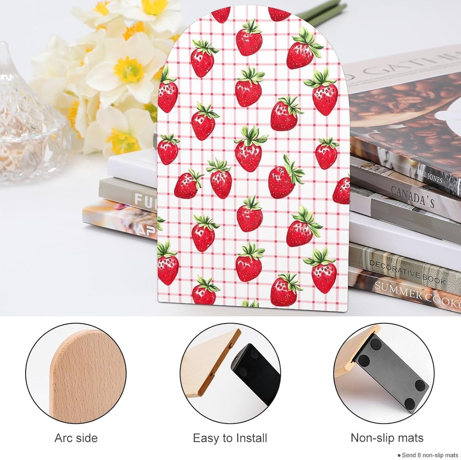 Gingham Pattern Strawberry Cute Wood Book Ends Decorative Bookends 1 Pair Non-Skid for Shelves Home Office 7 X 5 Inch