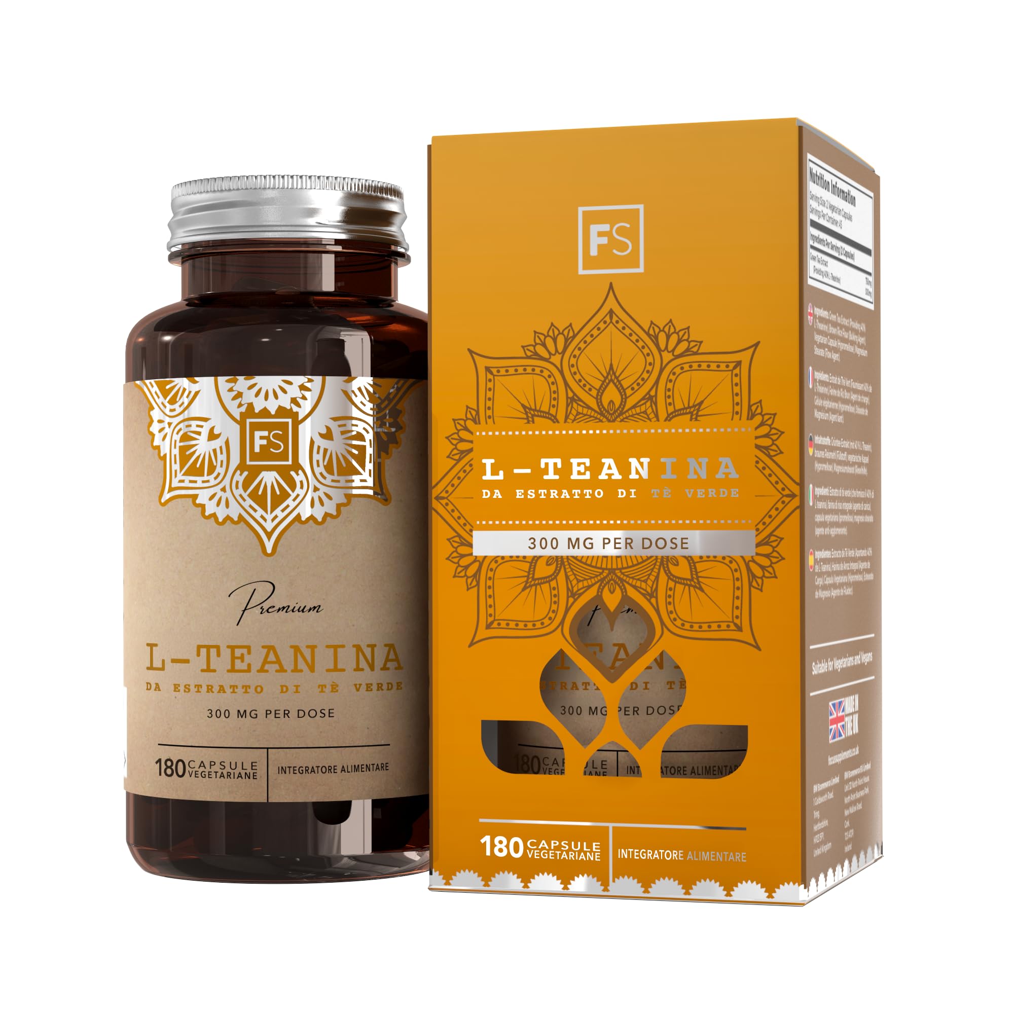FS Teanina | 180 Capsule di L Teanina da Tè Verde - 300mg di L Theanine per Dose | L-Teanina ad Alta Potenza | Non-OGM, Senza Glutine e Allergeni | Prodotto nel Regno Unito