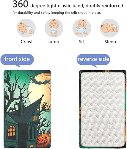 Miniatura 5 de Sábana bajera ajustable con temática de Halloween, sábana bajera estándar para cuna, material ultrasuave, sábana de bebé para niños y niñas, 52 x 28