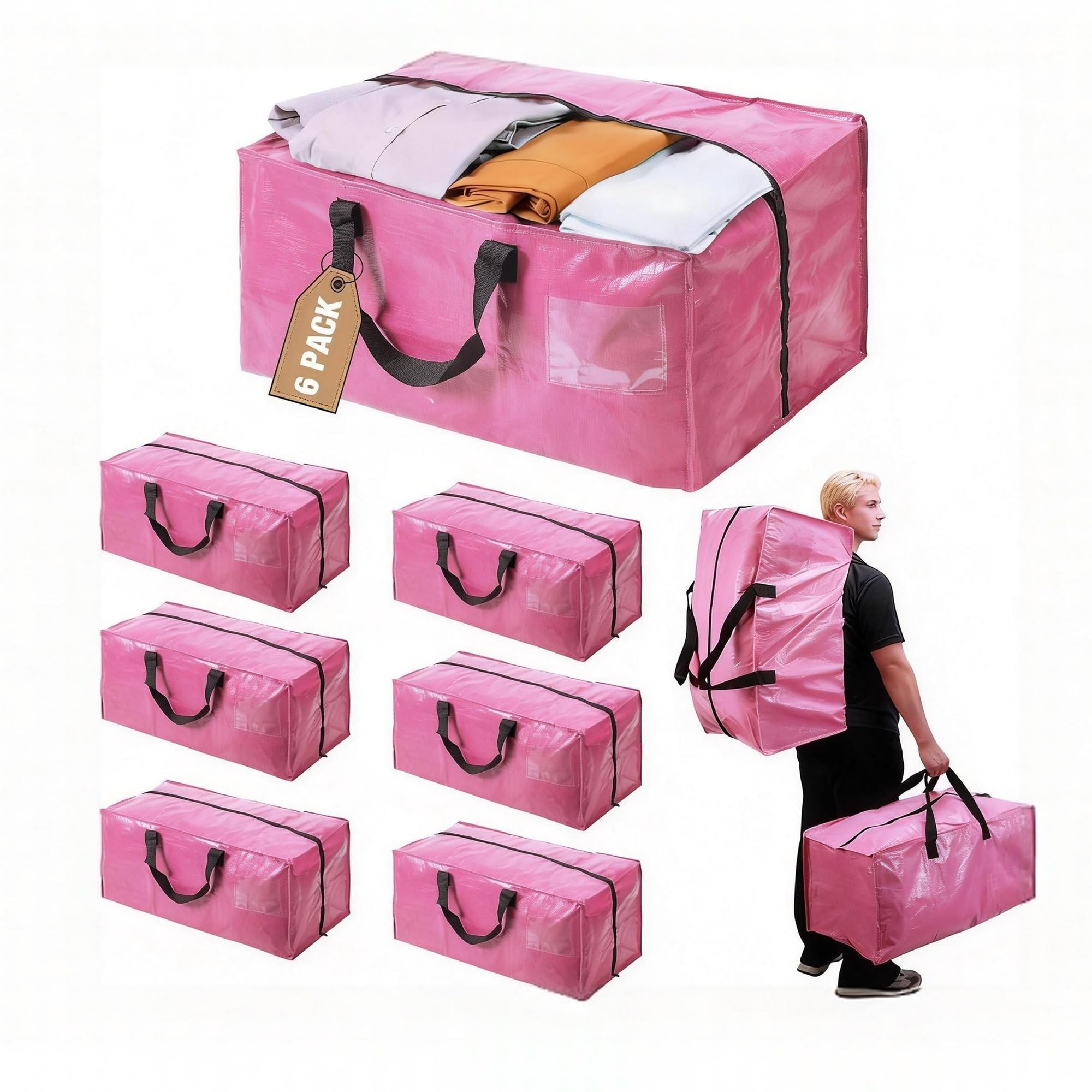 SANNAX Pink Moving Bags 6 Pack, Extra Large 83L Storage Bags with Zippers & Reinforced Handles, Foldable Packing Totes for Moving House, Clothes, Bedding Storage