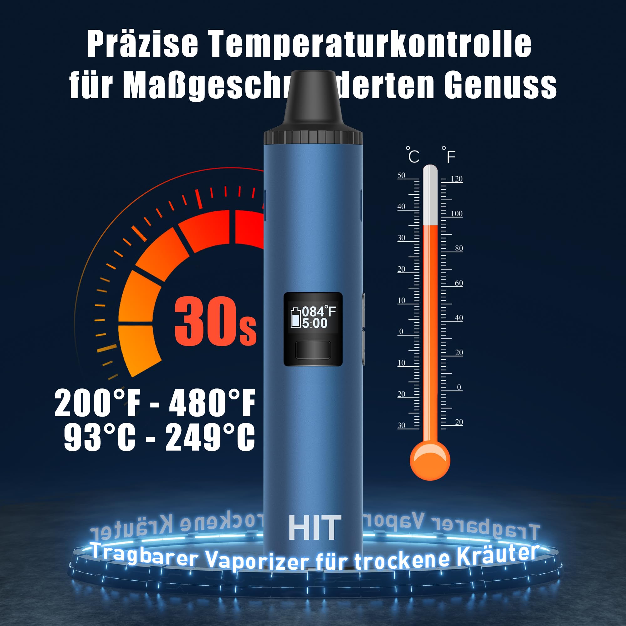 Yocan HIT Vaporisateur herbes sèches avec contrôle de la température de 93 à 249 °C et chambre de chauffage en céramique, Vaporisateur Cannabis portable, batterie 1400 mAh (bleu foncé)