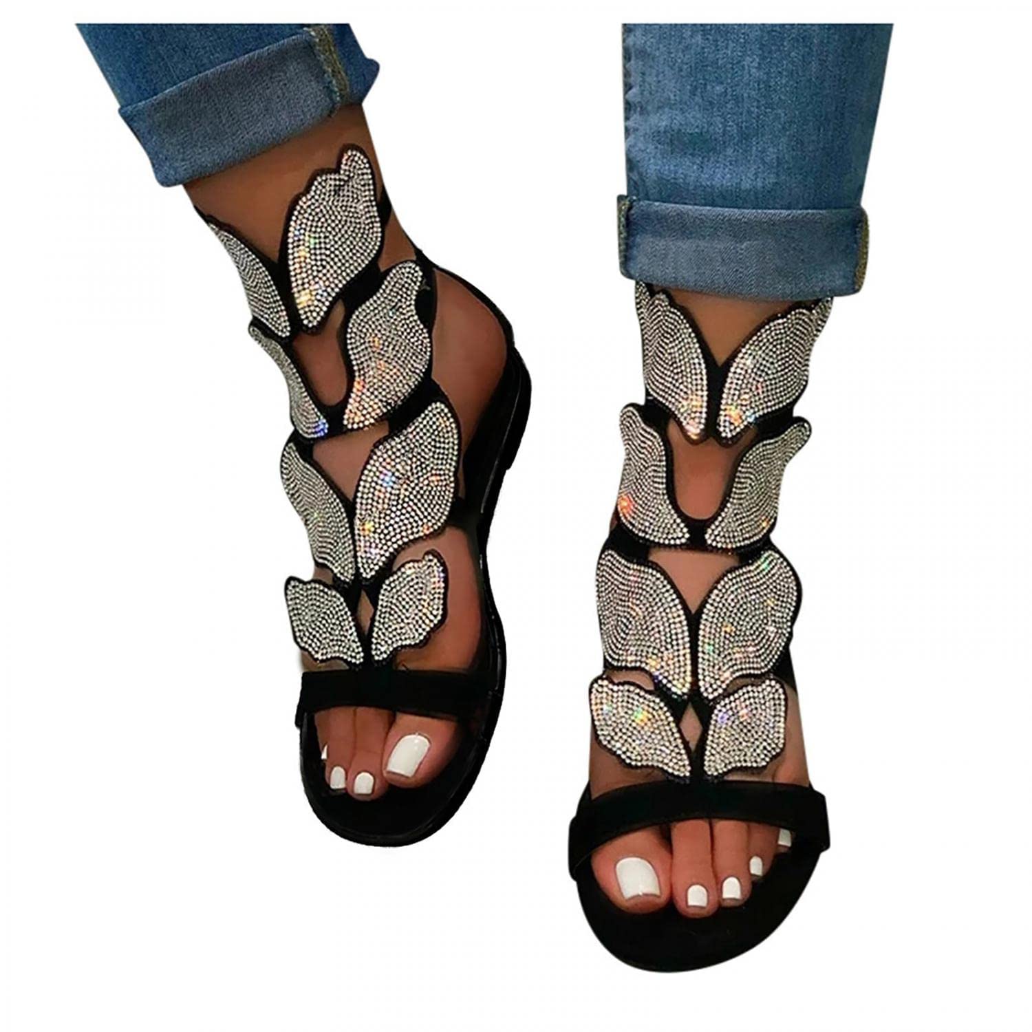 BORAMAX Flat Sandals for Women, Women's Sandals Bohemian Flowers Beaded Casual Summer Flat Beach Shoes Clip Toe Sandals