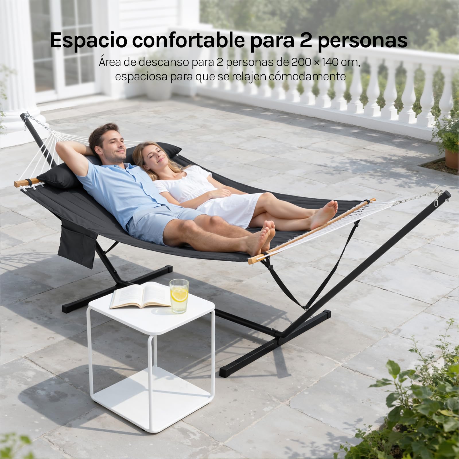 WOLTU Hamaca 2 Personas con Soporte de Metal, Hamaca Columpio para Jardín Exterior, Capacidad 250 kg, con Reposacabezas y Bolsa de Transporte, Antracita