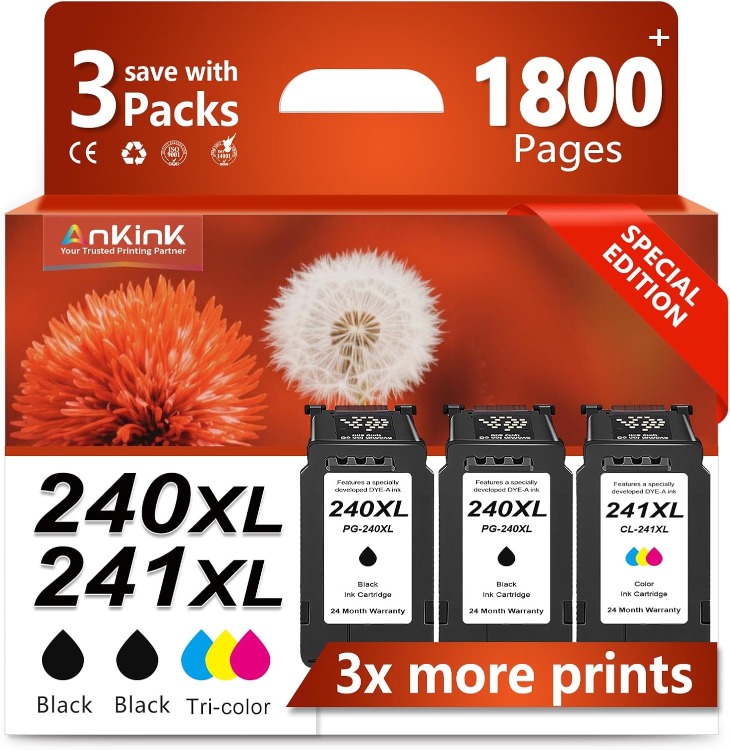 240 241 Ink Cartridge Replacement for Canon 240XL 241XL PG-240 CL-241 XL Cartridges Combo Pack (2 Black, 1 Tri-Color) for MG3600 MG3620 TS5120 TS5100 MG3220 MG3520 MG2120 MX452 MX512 MX532 Printer