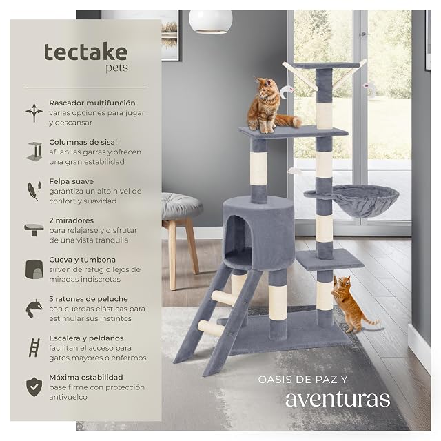 Foto 2 de 8 de tectake® Arbol Rascador para Gatos, Rascador 144cm, Caseta, Varias Alturas, 3 Ratones de Juguete, Nido…