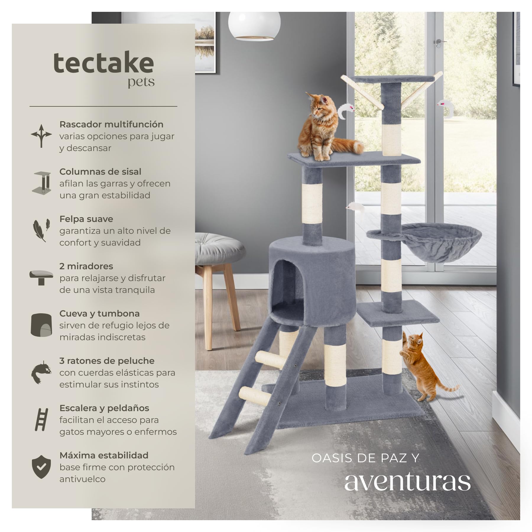 tectake® Arbol Rascador para Gatos, Rascador 144cm, Caseta, Varias Alturas, 3 Ratones de Juguete, Nido, Protección Antivuelco, Estructura Robusta, Rascador Gato - Gris
