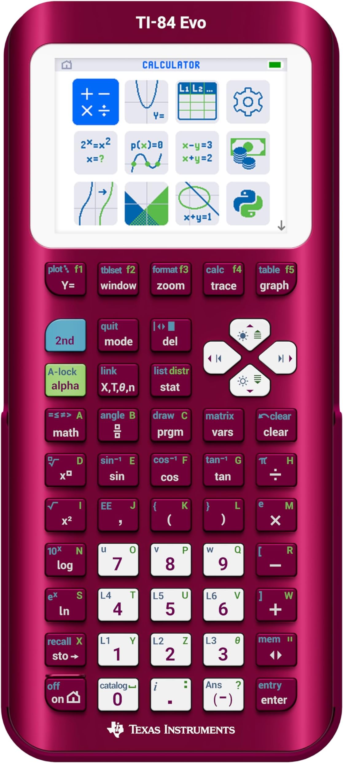 TI-84 Evo Graphing Calculator Texas Instruments, Raspberry – USB-C Charging, Python Programming, Faster Performance and Bigger Graphs Than TI-84 Plus CE