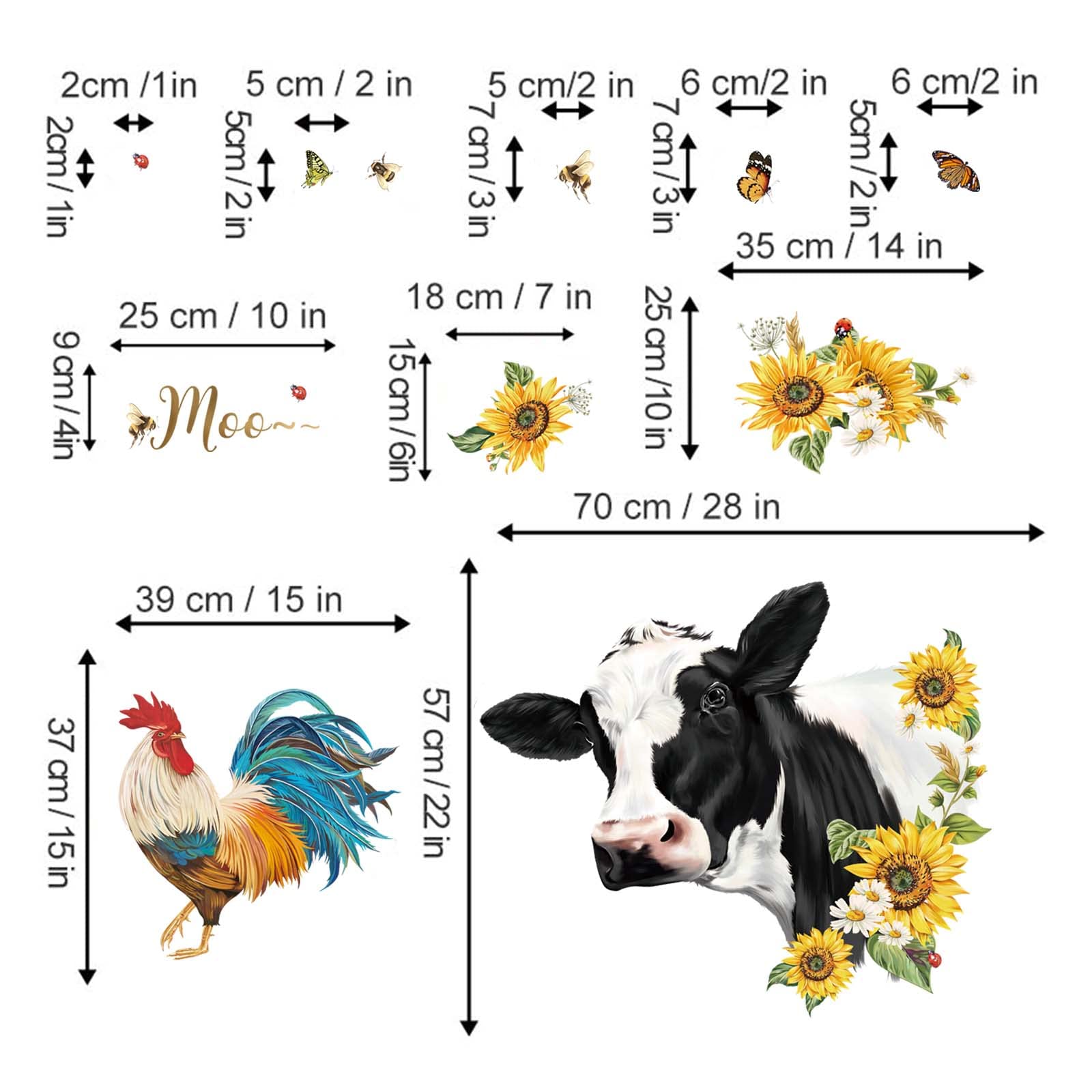 Adesivi Murali Fattoria Con Mucca, Gallo E Girasoli | 65x39 Cm | Rimovibili E Autoadesivi - copertina