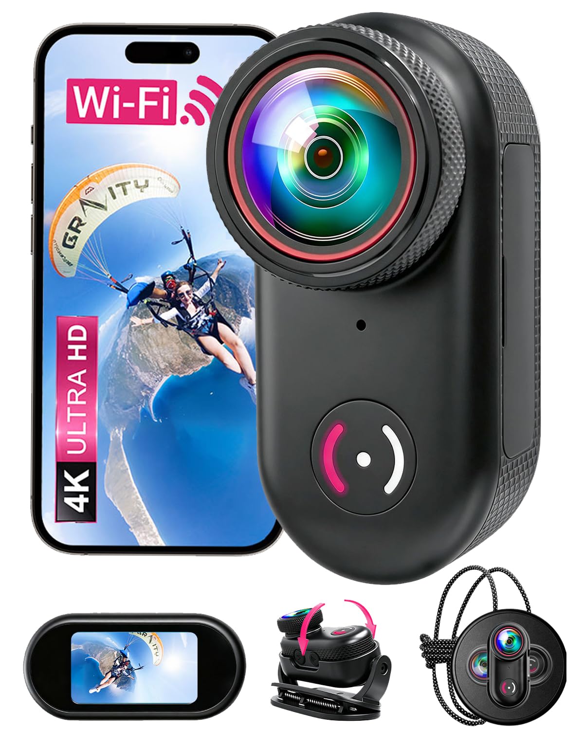 Caméra Sport avec Mini Caméra Magnétique Wi-FI, Camera Vlog écran de 1,47", Clip Rotatif à 360°, Grand Angle de 150°, étanche IP65, Dashcam Moto pour Vlogging et Voyage