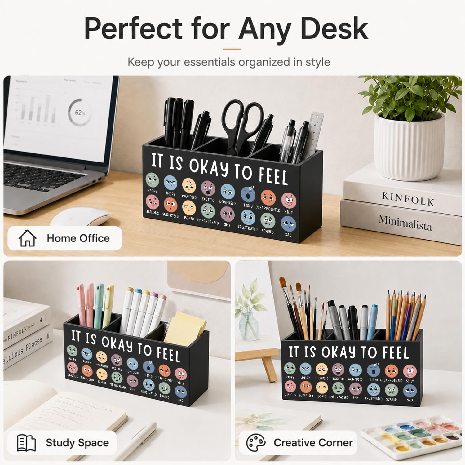 Mental Health Feelings Chart Pen Holder for Desk, Counselor Office Must Haves, Emotions Chart Wooden Box Sign Desk Organizer for Kids Room Classroom Therapy Office Calm Corner image 4