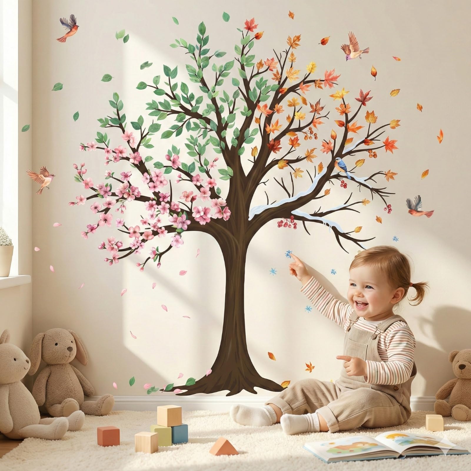 Colorful Tree Wall Decals for Nursery: Nature Forest Peel and Stick Vinyl Wall Stickers for Baby Kids Room Living Room Decor
