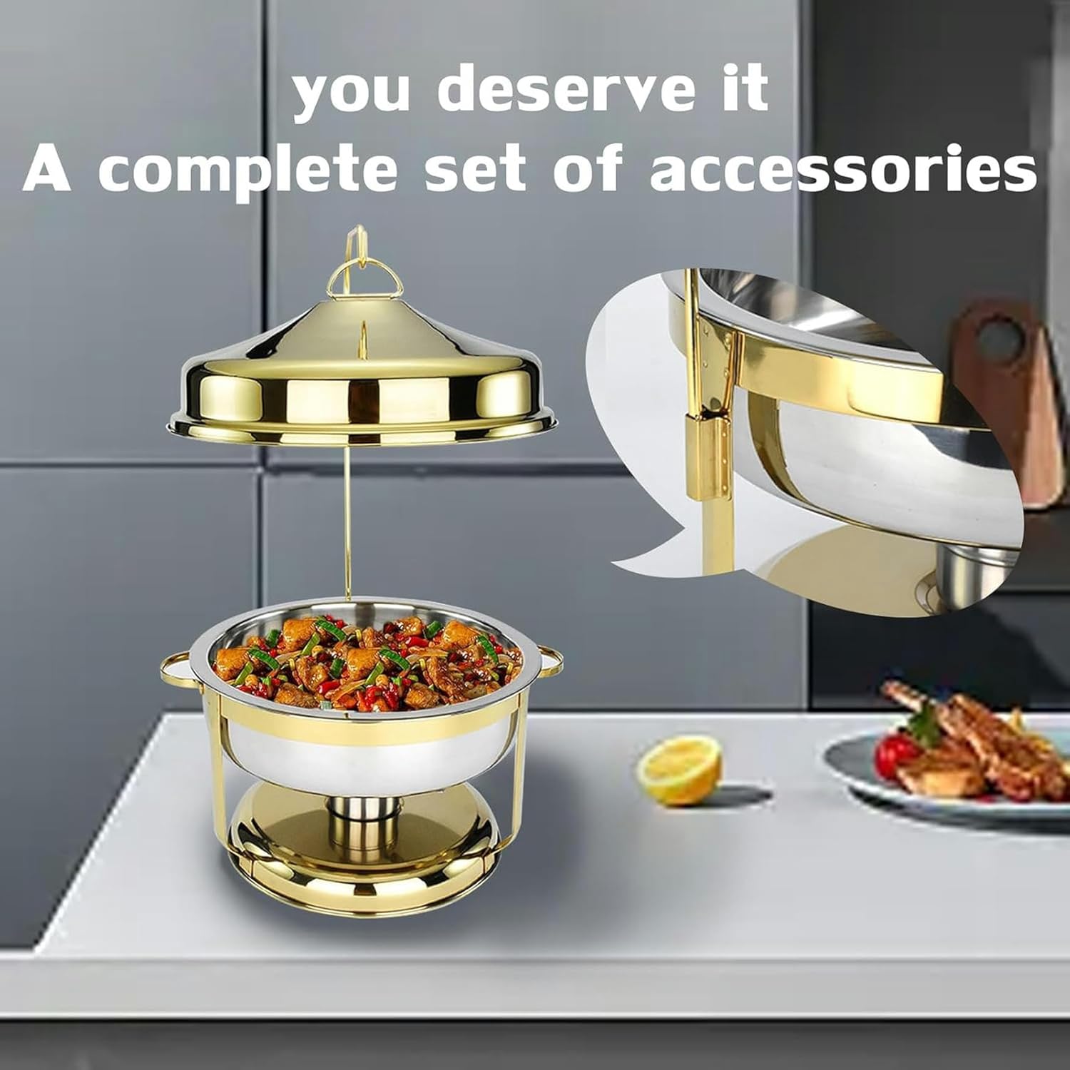 9L Stainless Steel Baking pan Buffet Set, Silver Round Catering Insulation Set with Food Tray and Water Dish, heightened and Thickened lid with Stand, for Kitchen Banquet,Gray