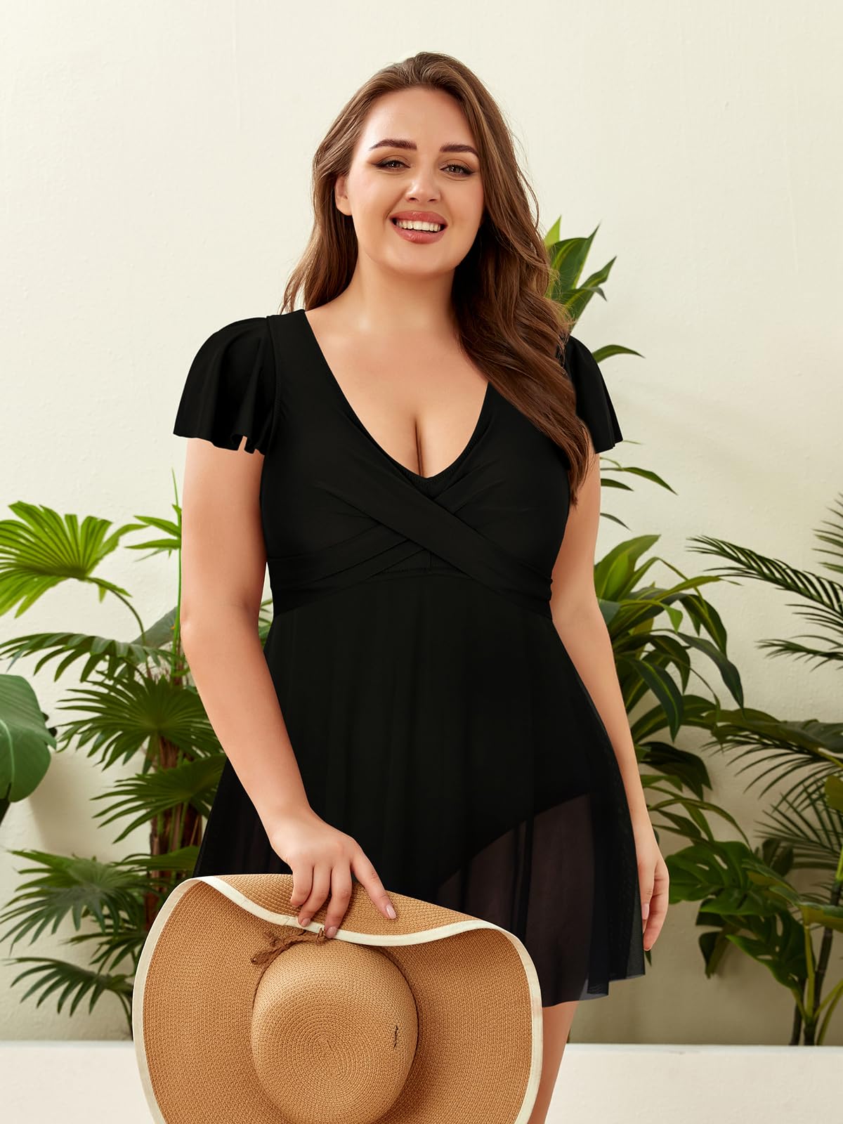 SHEKINI Maillot de Bain Une Pièce pour Femme Décolleté Plissé Croisé avec Poignets à Volants Grande Taille Maillot de Bain Jupette Femme