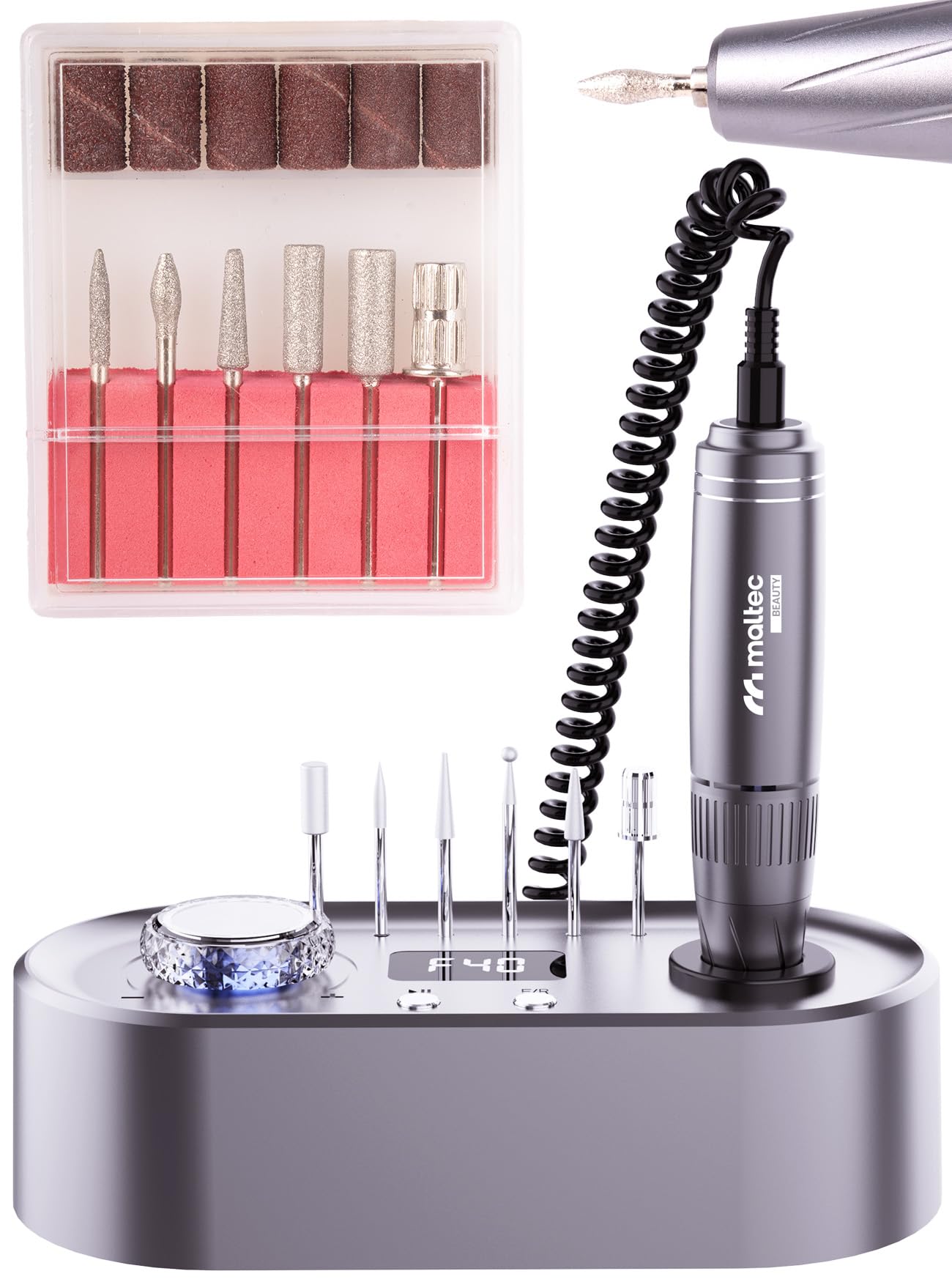 MalTec Frezarka do paznokci elektryczna frezarka do manicure pedicure zestaw 24 W 40000 obr./min. Twist Lock mocny, srebrny