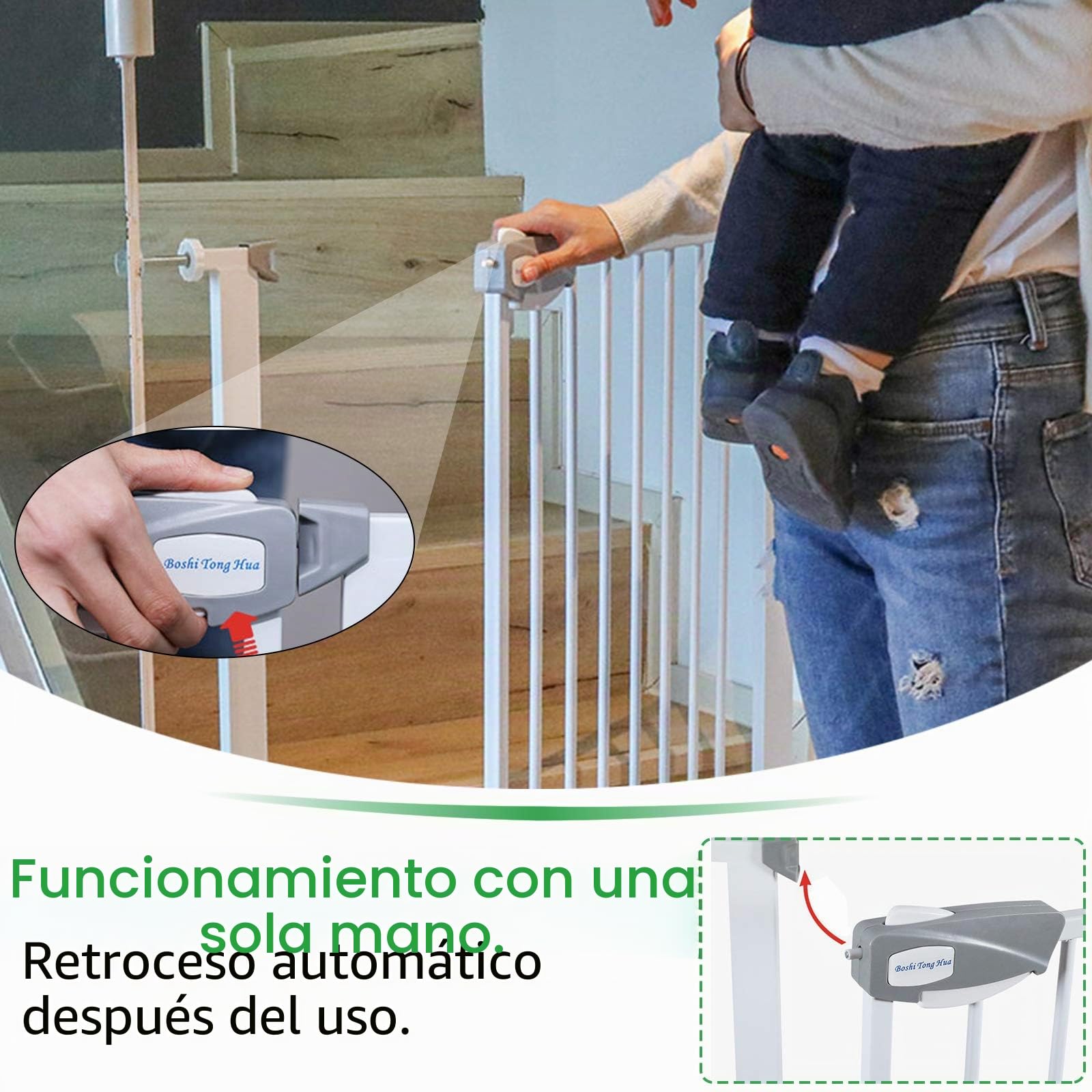 UISEBRT Rejilla protectora para escaleras, sin agujeros, para bebés de 105 a 115 cm de ancho, cierre automático, apertura con una mano, rejilla de metal, color blanco