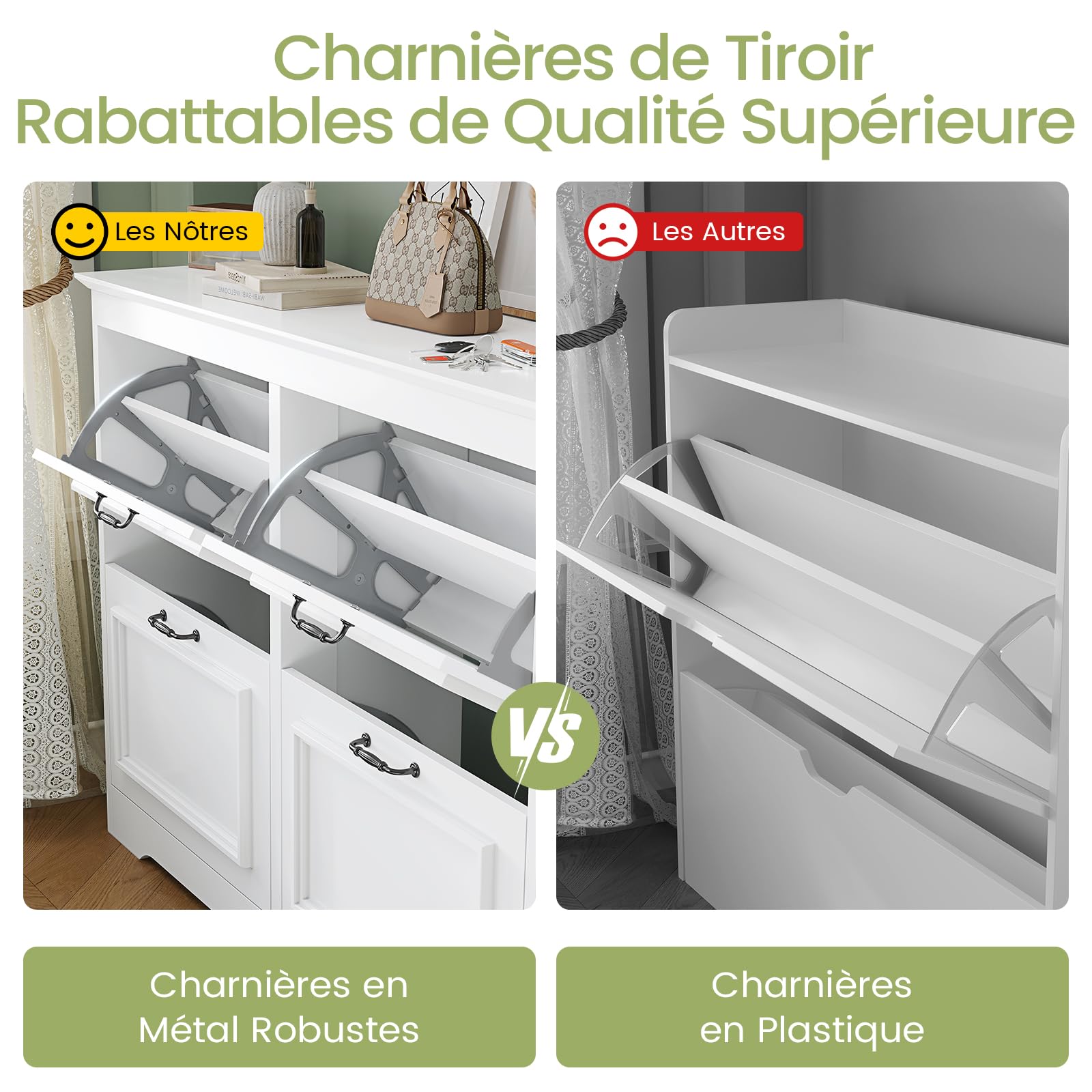 Brinlawb Meuble à Chaussures Entree, Armoire à Chaussures avec 4 Portes abattantes,Séparateur Réglable, Peut contenir 18 à 24 paires de chaussures Pour entrée, couloir, séjour, chambre,4 tiroirs Blanc