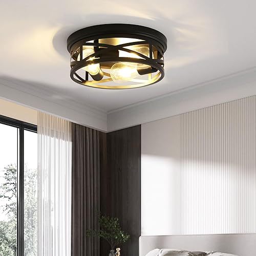 Miniatura 6 de EMONG Farmhouse 3-Light Black Flush Mount Ceiling Light, Vintage Industrial Closed to Ceiling Mount Lamp,Metal cage Light Fixture for Entryway