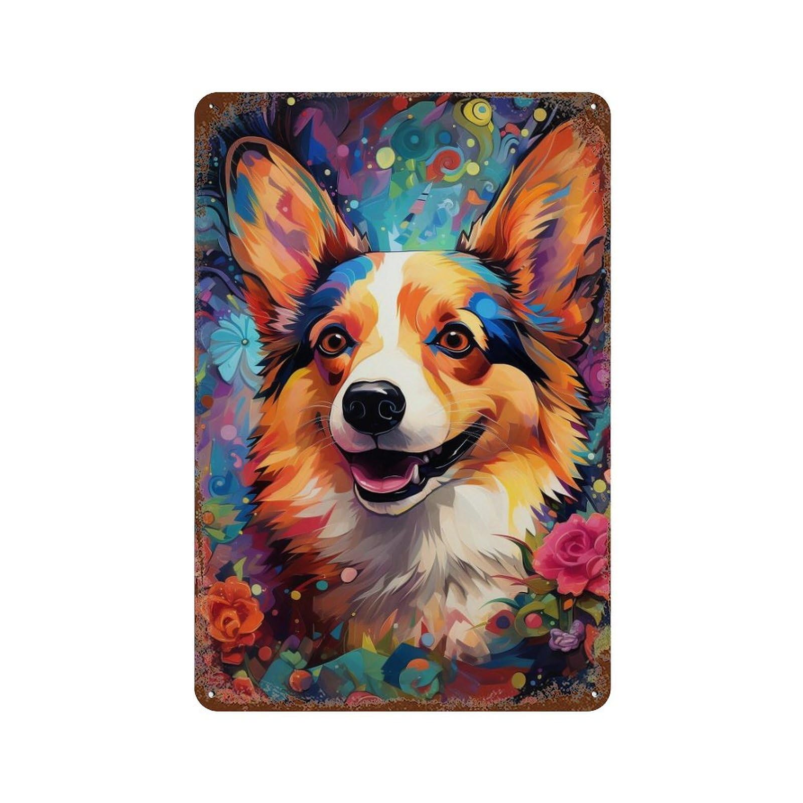Colorful Corgi Art Print-3 Rust Effect Tin Sign 11.8"x7.9", Vintage Wall Decor for Pub, Kitchen And Man Cave Decor