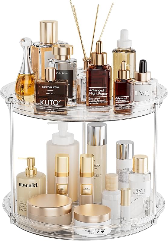 Organizador giratório LAMU para maquiagem, 2 níveis, transparente, suporte para perfumes com rotação de 360°