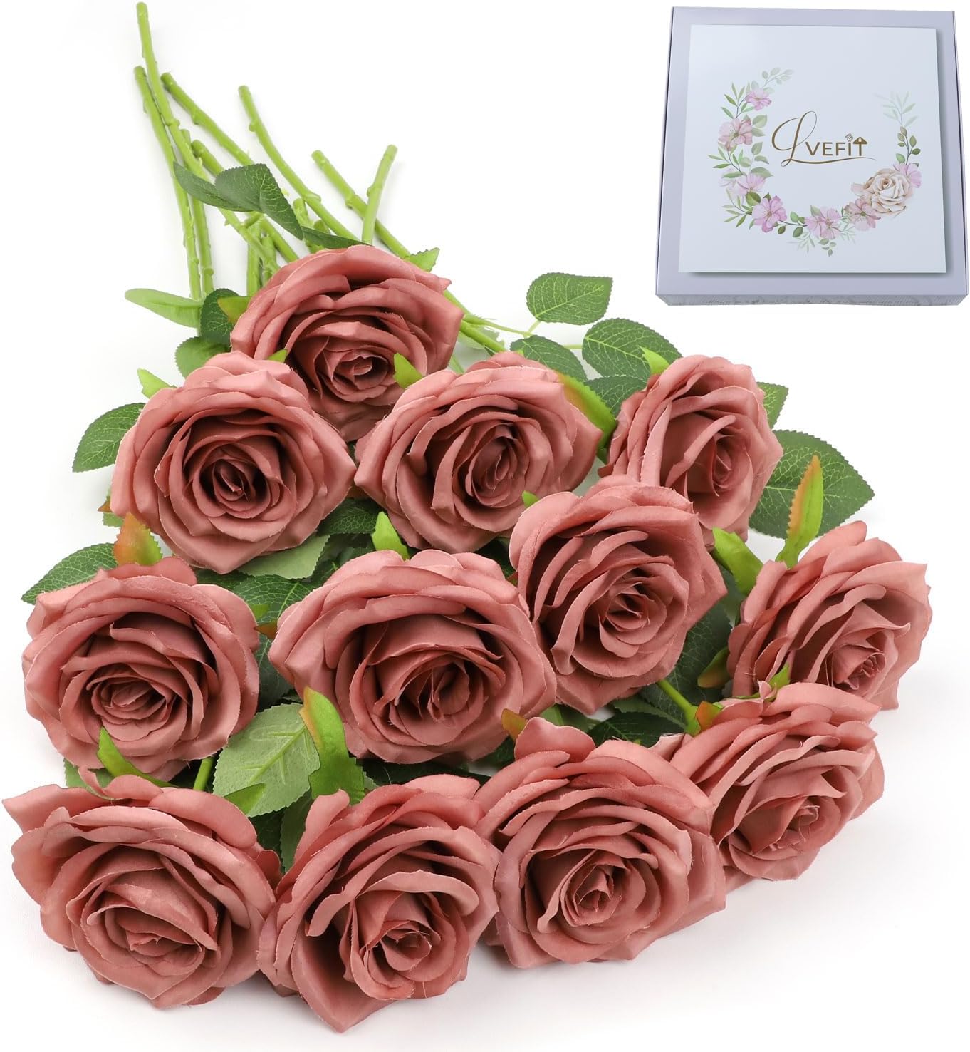 LVEFIT Artificial Rose Flower Dusty Rose Flowers Silk Flowers 12 pcs with Long Stem Silk Roses Bouquet for Wedding Bridal Shower Party Home Decoration