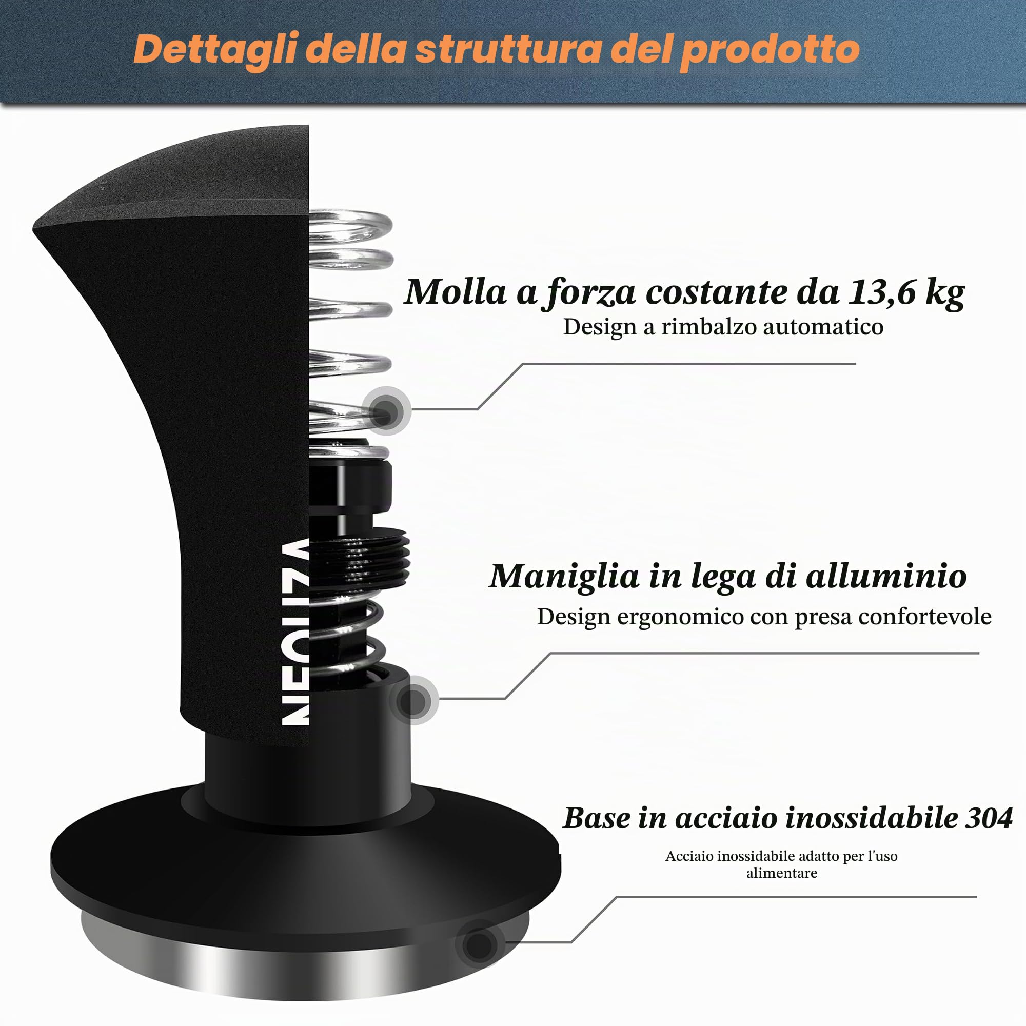 NEOUZA, tamper per espresso V2 a doppia molla calibrata per portafiltro della macchina da caffè, antideflessione da pressione, manico raffinato, base in acciaio ondulata (53,3 mm)