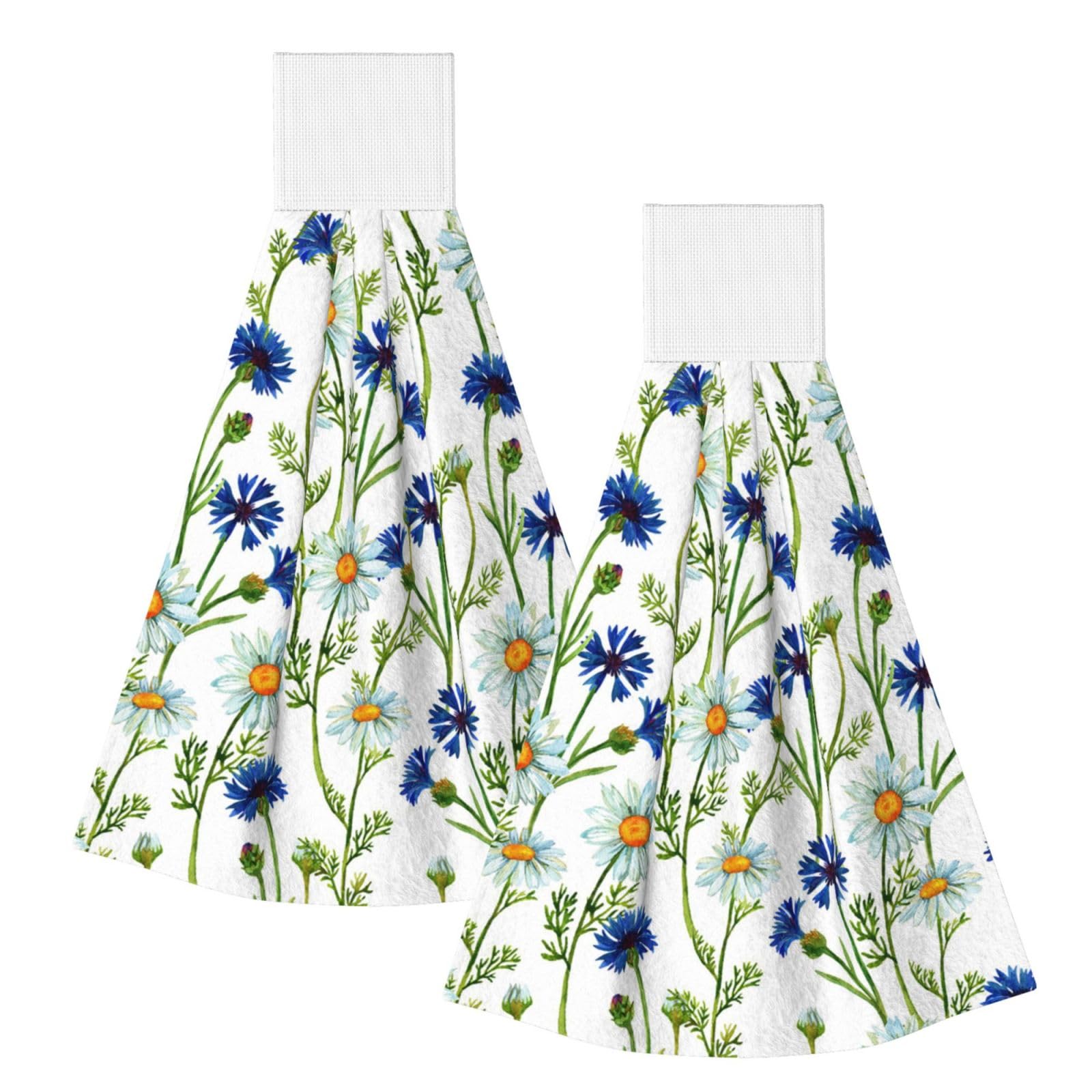 DOPKLNA Watercolor Chamomiles Cornflowers, 2 Pcs Hanging Coral Fiber Hand Towels for Bathroom, Absorbent Kitchen Towels