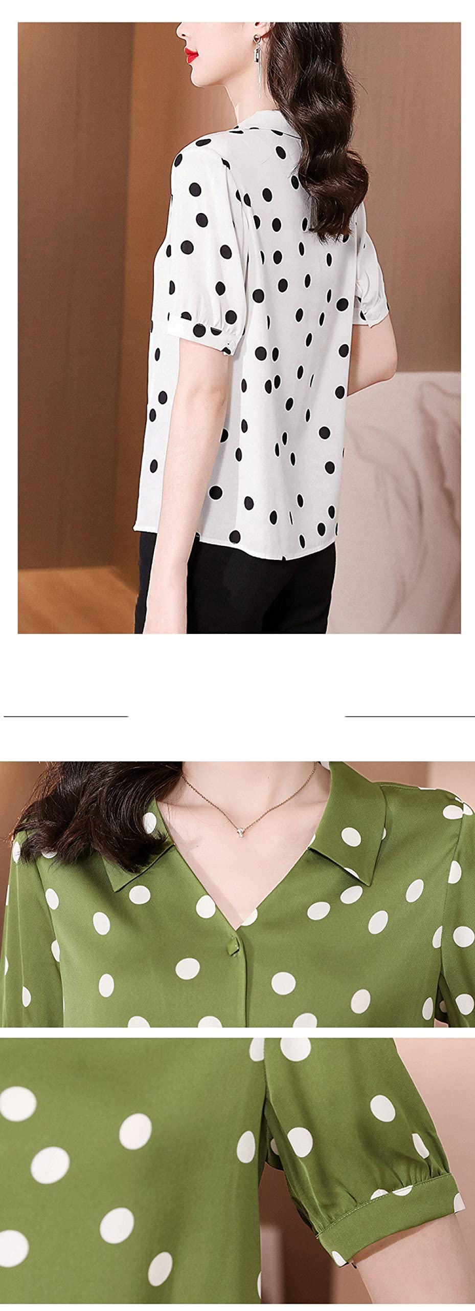 Camicia da Donna Elegante,Vintage da Donna A Pois Top Eleganti Camicetta in Raso con Scollo A V Camicia A Mezze Maniche Camicia in Chiffon A Tunica Comfort Top Lucido Camicetta da Ufficio Casual da