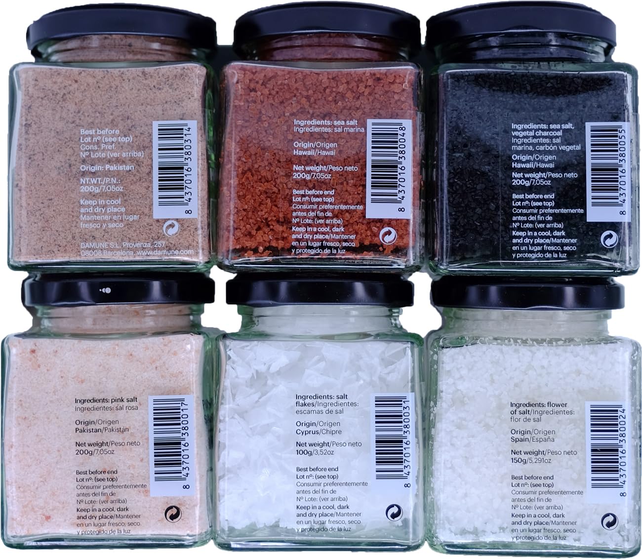 DAMUNE Sales Gourmet: Sal Negra Hawai (200g), Sal Roja Hawai (200g), Flor de Sal Delta del Ebro (150g), Sal en Escamas Chipre (100g), Sal Rosa (200g) y Sal Kala Namak (200g)