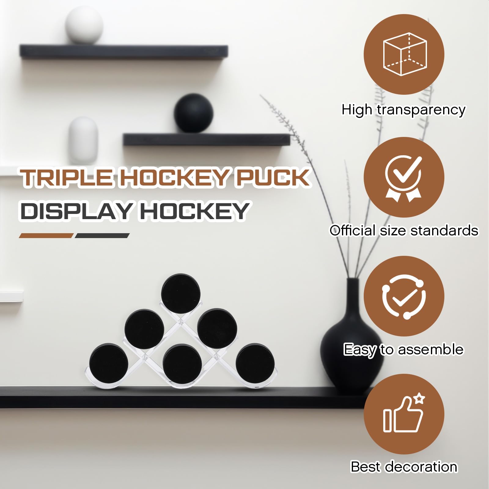 Hockey-Puck-Vitrine Aus Holz Für 3 Pucks - Walnuss-Optik, Dekorativer Ständer Für Sammler & Fans