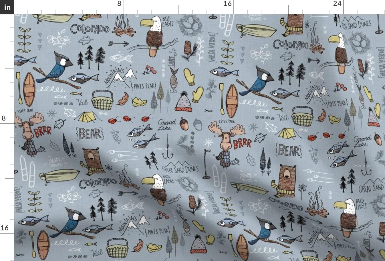 Spoonflower Fabric - Colorado Blue Bear Mountain Adventure Wild Nature Bird Printed on Upholstery Velvet Fabric Fat Quarter - Upholstery Home Decor Bottomweight Apparel