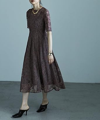 etoll. パイピングモールレースドレス ワンピース 半袖 モーブ M
