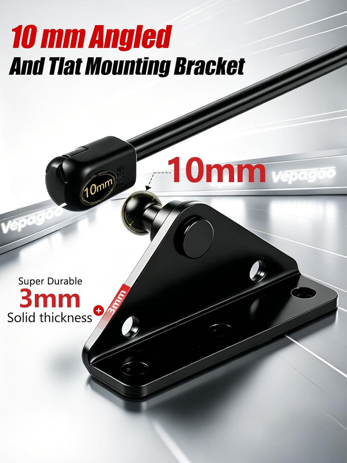 Vepagoo Gas Strut Mounting Brackets, 10mm Ball Stud Mounting Bracket, Black | Brackets for Gas Struts, Lift Support with 2pcs L-Type, 2pcs Flat-Type and 16pcs Screws (Only Fits 10mm Ball Head)