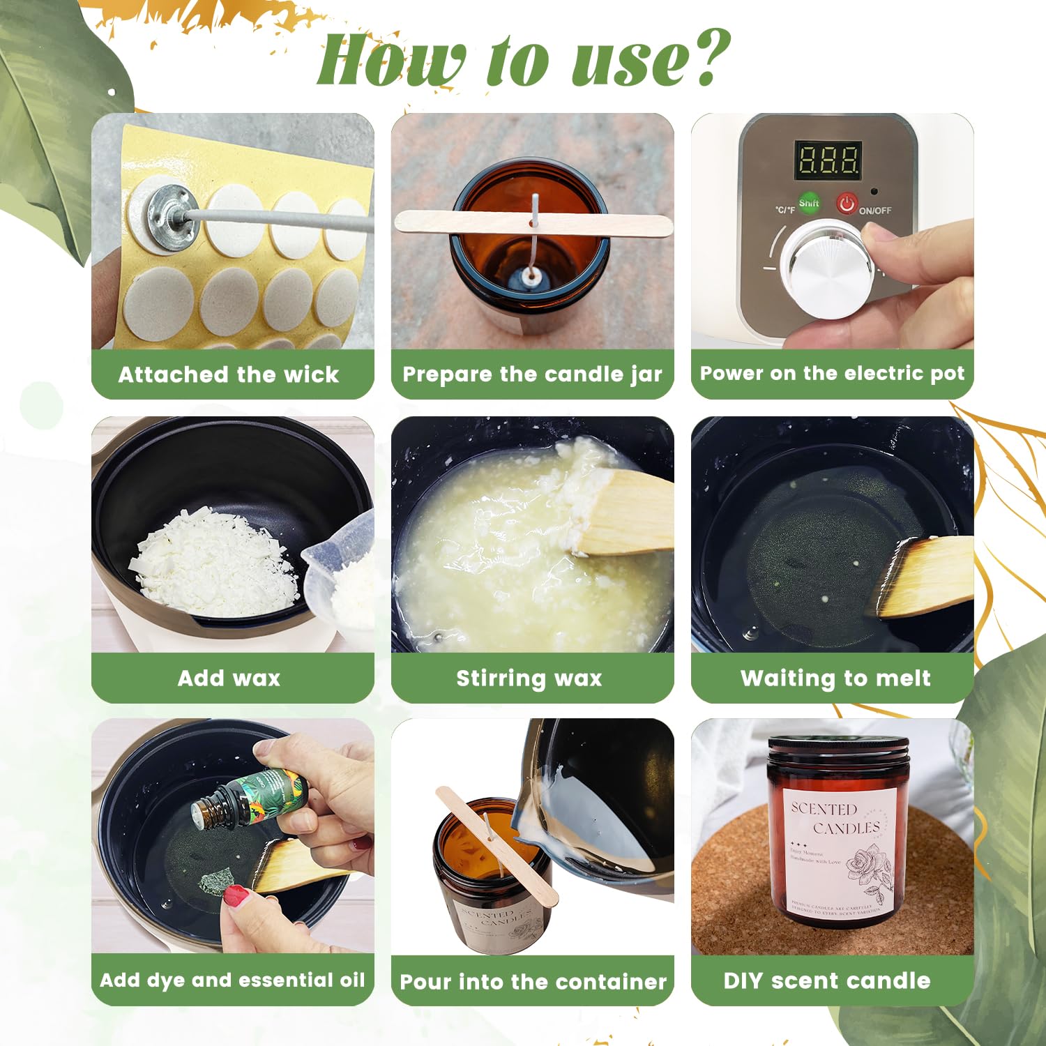 Kit de Fabrication de Bougies DIY, Kit Bougies a Faire Soi meme Adulte, Pot de Fusion de Cire électrique avec Bec Verseur, 8 Boîtes à Bougies, 8 Huiles Parfumées