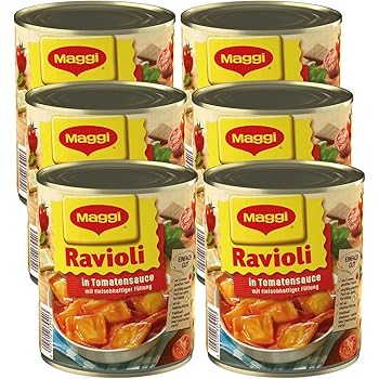 MAGGI Ravioli in Tomatensauce, Teigtaschen gefüllt mit würzigem Fleisch, in fruchtiger Sauce, leckeres Fertiggericht, ideal für Camping, 6er Pack (6 x 800 g)