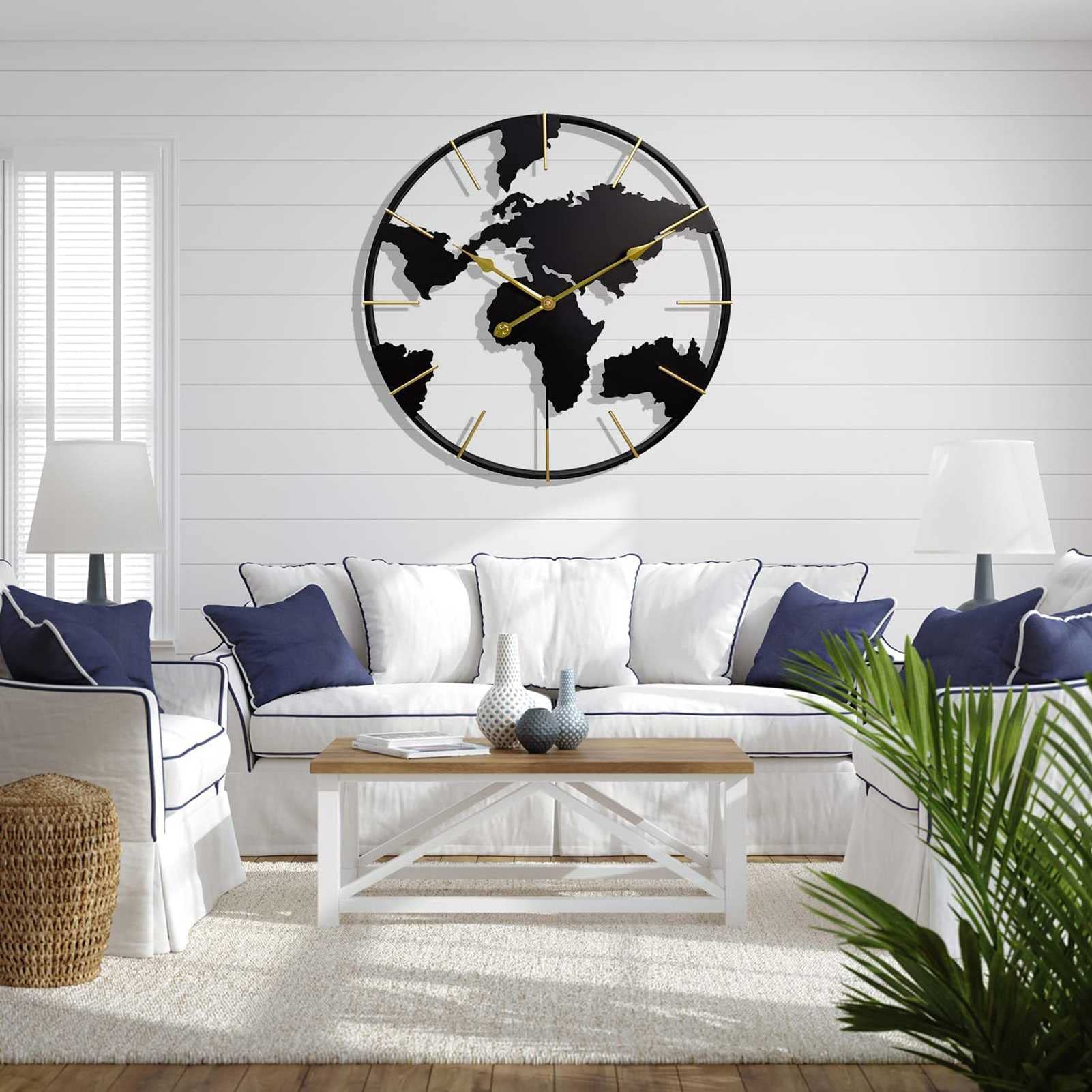 Grande Orologio Da Parete Con Mappa Del Mondo 61 Cm – Design In Metallo Moderno, Silenzioso, Per Soggiorno E Cucina - 2
