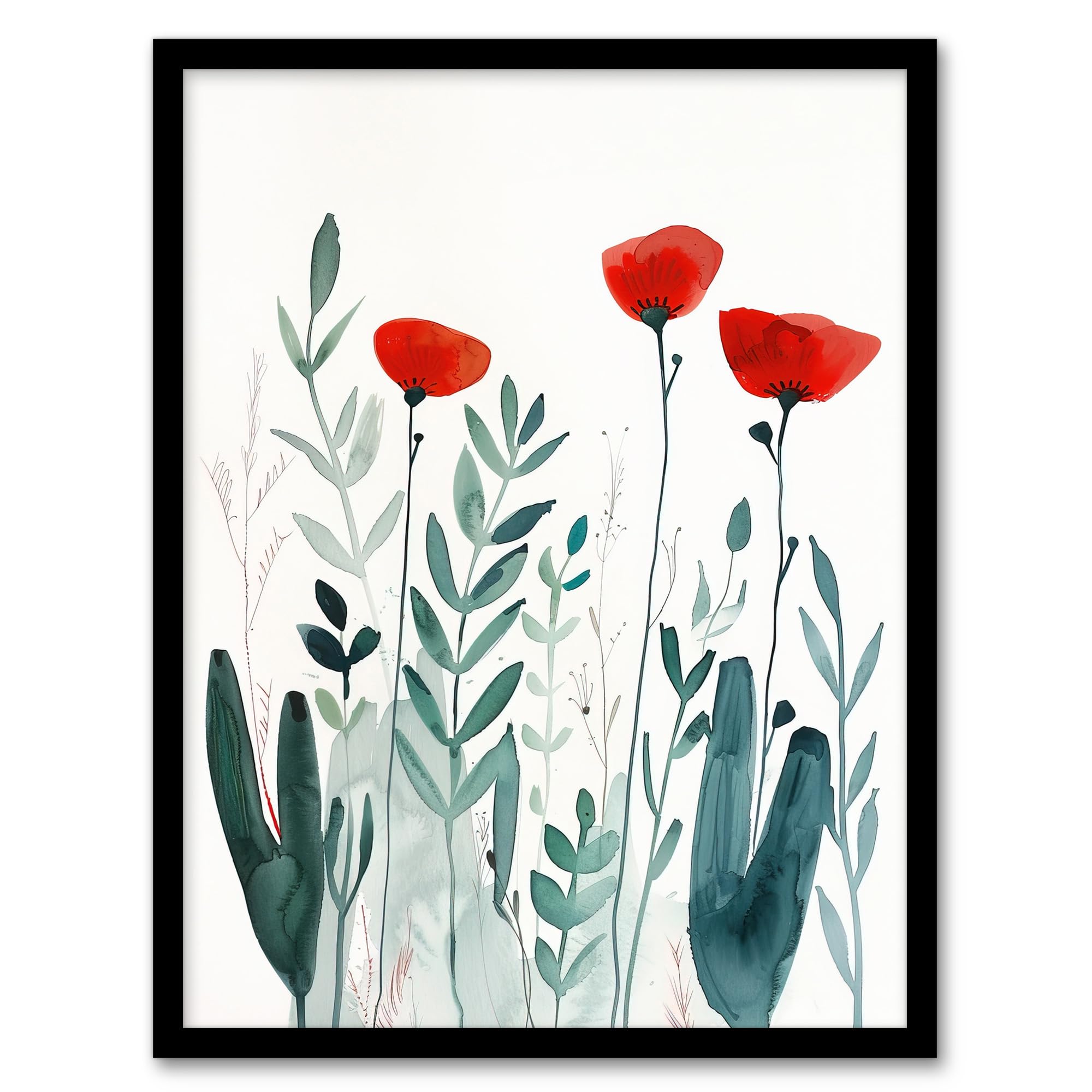 Wild Poppy Flowers Bright Red Teal Watercolour Wall Art Poster Print