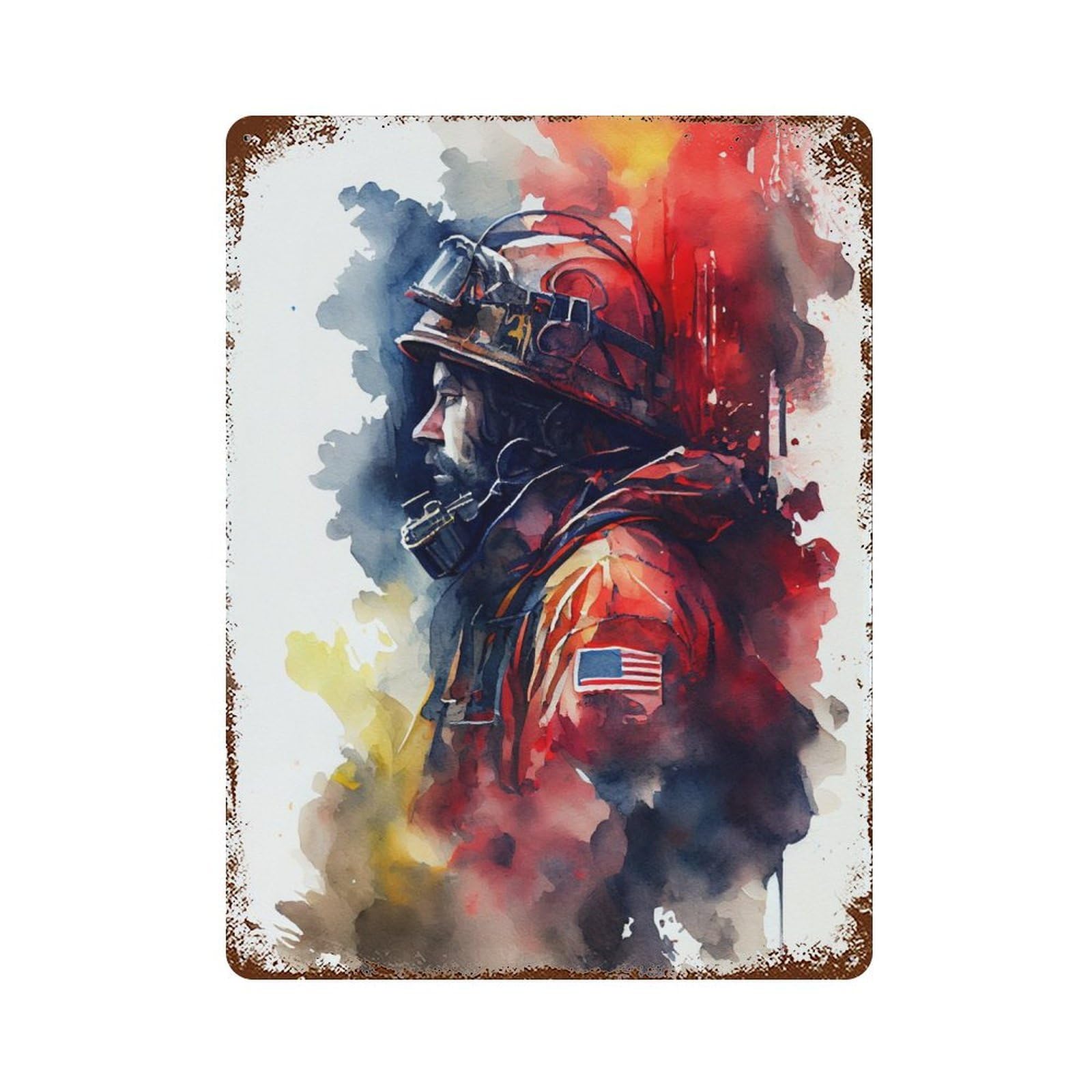 Firefighter Watercolor Decorative Tin Sign 15.7"x11.8", Industrial Home Decor for Garage, Pub Or Kitchen