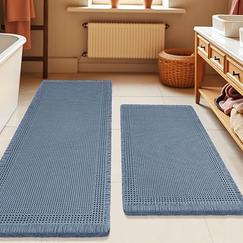 Miniatura 46 de Tapete de baño de punto gofre, moderno, tejido bohemio, absorbente, antideslizante, ultrasuave, lavable a máquina, con borlas, para baño